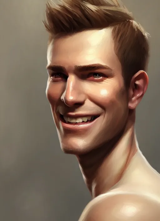 Image similar to a _ fantasy _ style _ portrait _ painting _ of white male short fringe light brown hair short head smiling clean shaven round face rpg dnd oil _ painting _ unreal _ 5 _ daz. _ rpg _ portrait _ extremely _ detailed _ artgerm _ greg _ rutkowski _ greg