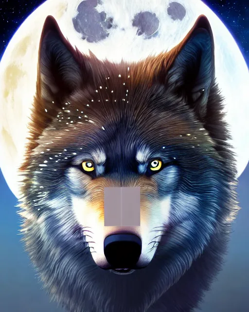 Image similar to highly detailed surreal vfx portrait of a metallic chromatic samurai wolf in front of a full moon, stephen bliss, unreal engine, greg rutkowski, loish, rhads, beeple, makoto shinkai and lois van baarle, ilya kuvshinov, rossdraws, tom bagshaw, alphonse mucha, global illumination, detailed and intricate environment