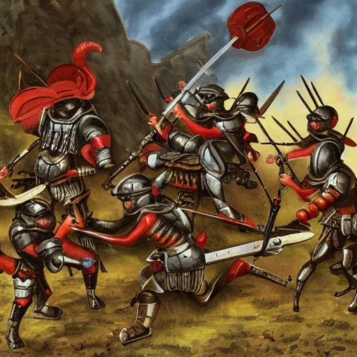 Prompt: medieval soldiers battling insect men, fantasy artwork