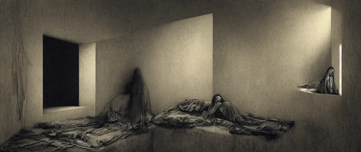 Prompt: a bedroom inhabited by various parts of a man, portrait photography by zdzislaw beksinski