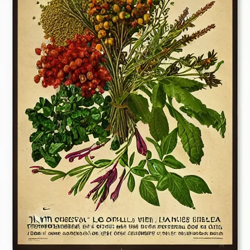 Image similar to a vintage botany poster with different herbs and spices