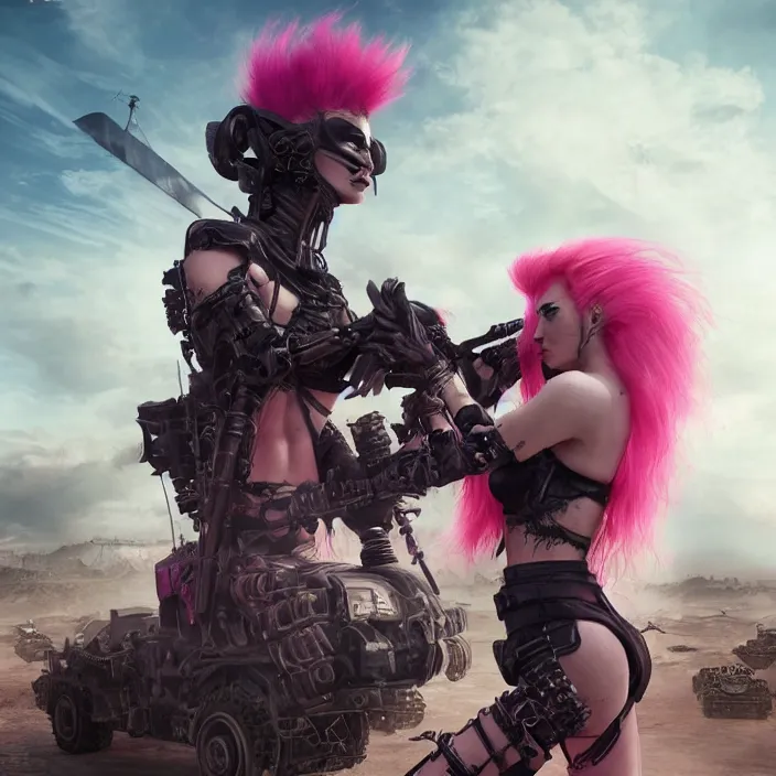 Image similar to beautiful apocalyptic woman with pink Mohawk, standing on mad max panzer tank, 4k ultra hd, fantasy dark art, tank girl, artgerm, artstation, octane render, elegant, detailed digital painting