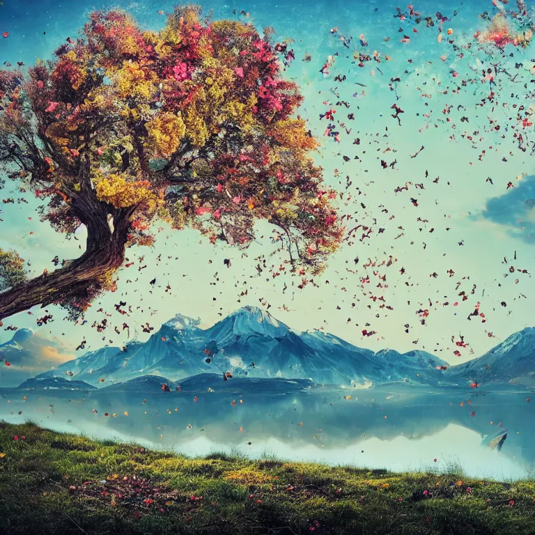 Image similar to a beautiful awesome artistic tree with falling flowers like leaves and many birds, all in the amazing outdoors view, mountain in the background, lake, long exposure, 8 k resolution, trending on artstation