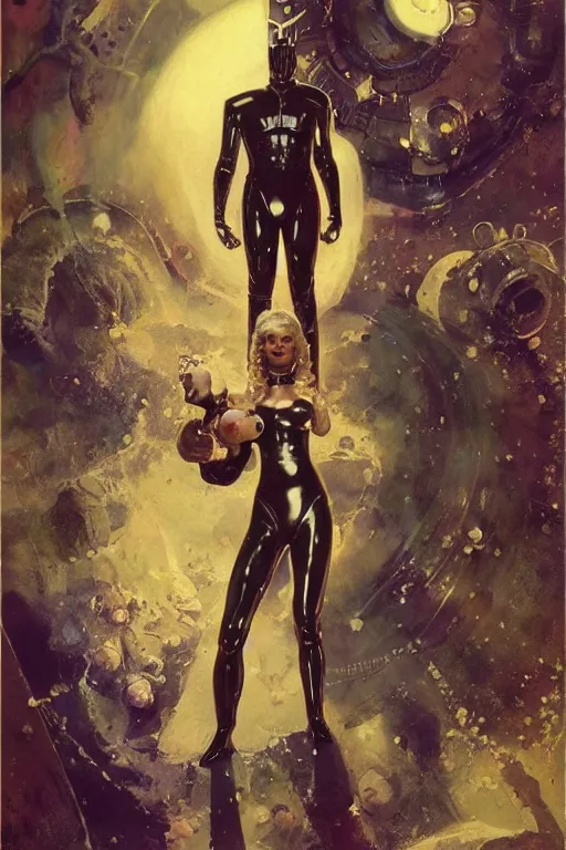 Image similar to full body portrait of gigantic viking demon standing beside elegant space woman in latex spacesuit, by norman rockwell, jack kirby, jon berkey, earle bergey, craig mullins, ruan jia, jeremy mann, tom lovell, marvel, astounding stories, 5 0 s pulp illustration, scifi, fantasy, artstation creature concept