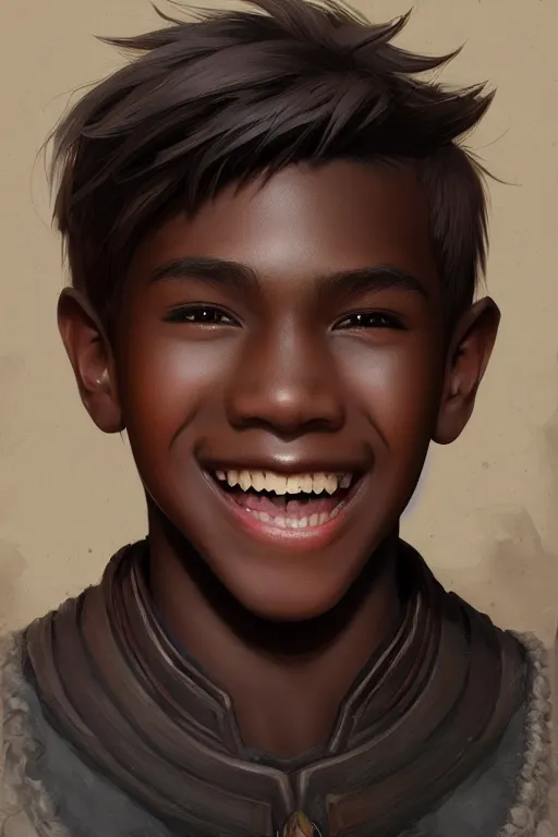 Prompt: young teenager boy with straight short brown hair, dark skin, big lips, smiling. highly detailed, d & d, fantasy, highly detailed, digital painting, trending on artstation, concept art, sharp focus, illustration, art by artgerm and greg rutkowski and fuji choko and viktoria gavrilenko and hoang lap