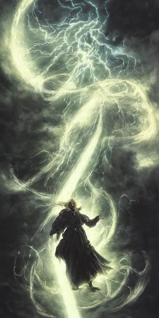 Prompt: a medieval peasant wizard casting a spell of flares and glimpses anamorphic in the night during a stormcloud with dramatic airbrushed clouds over black background by Luis royo and Yoshitaka Amano intricated flares airbrush fantasy 80s, realistic masterpiece