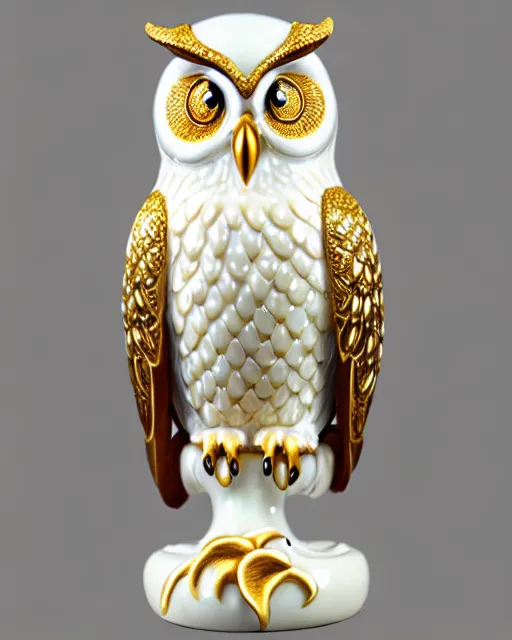 Image similar to gorgeous ornated snow white porcelain realistic detailed sacred owl statue with golden filigree carved out of ivory