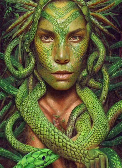Prompt: the ayahuasca vine plant spirit mixed with the face of a beautiful indigenous woman in the jungle, with green snake skin and yellow snake eyes, beautiful colors, matte painting, by christophe vacher