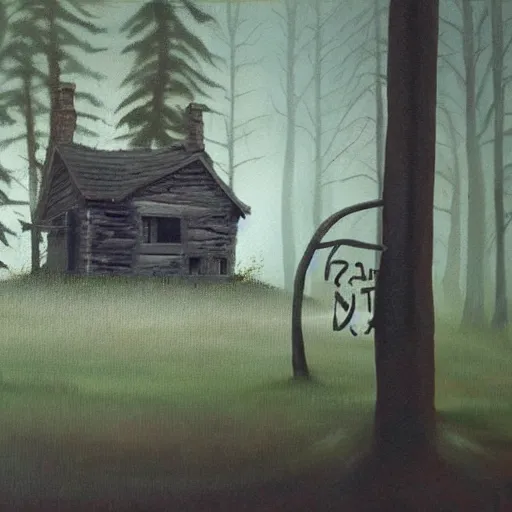 Image similar to a painting of a eerie cabin in the middle of the woods in the style of banksy