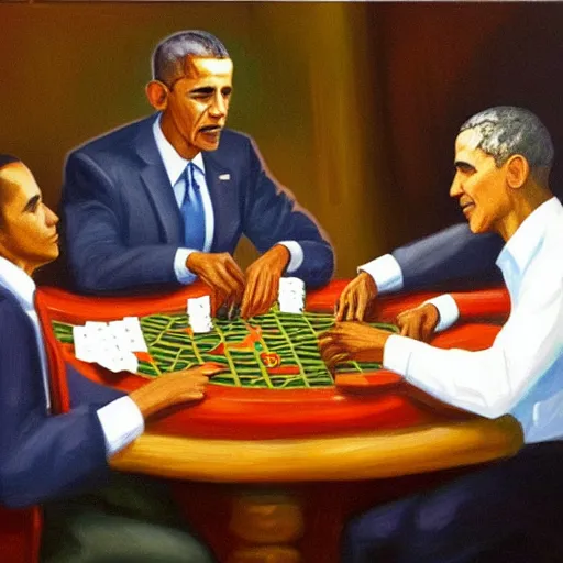 Image similar to Several copies of Barack Obama playing poker around a table, oil painting, warm lighting