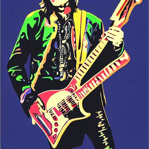Prompt: 1 9 7 0 - young - jimmy page from led zepelin playing - guitar - solo, sticker - art, svg vector, adobe - illustrator