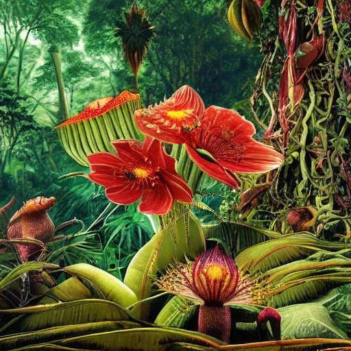 Image similar to flower venus flytrap grab mulatto in the jungle, epicaly surreally beautiful image, hyper-realistic, high resolution, hypnotic measurements , ultra detailed painting, epic visuals, absolutely outstanding, 16K