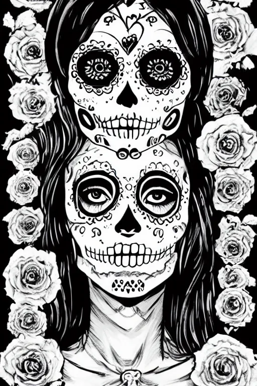 Prompt: Illustration of a sugar skull day of the dead girl, art by junji ito