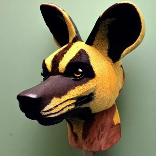 Prompt: african wild dog fursuit head in the style of van gogh