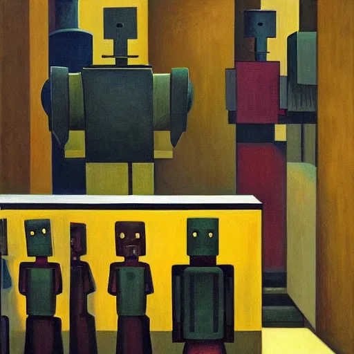 Image similar to robots queue up for destruction in a trash compactor, grant wood, pj crook, edward hopper, oil on canvas