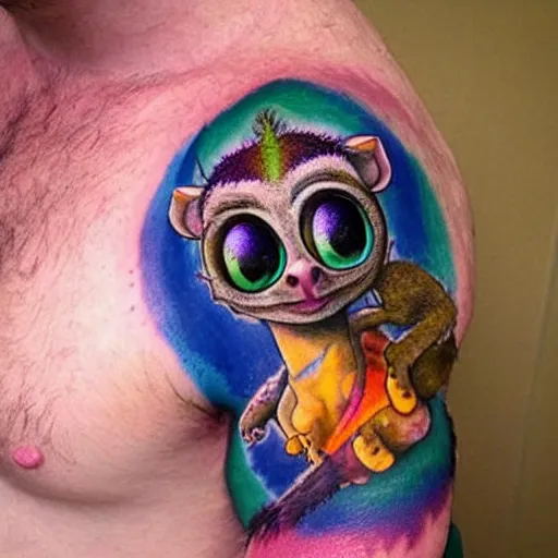 Prompt: shoulder tattoo of a multicolored psychedelic cute bush baby, eyes are colorful spirals, surrounded with colorful magic mushrooms and rainbowcolored marihuana leaves, insanely integrate