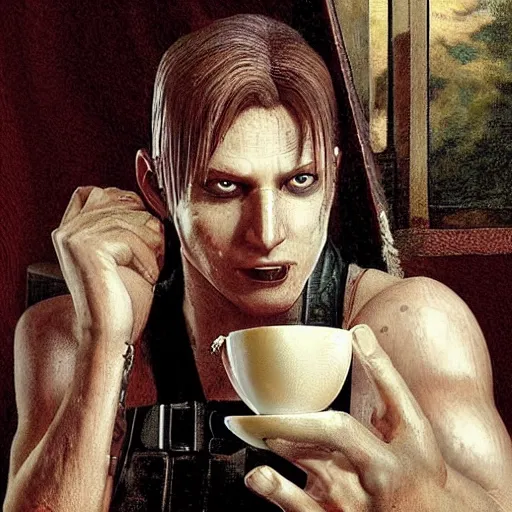 Prompt: nemesis from resident evil sits on a chair behind a coffee salt on a summer veranda and holds in his hand a small porcelain cup with tea from which steam comes out, in the stylization of romanticism paintings, detailed facial proportions