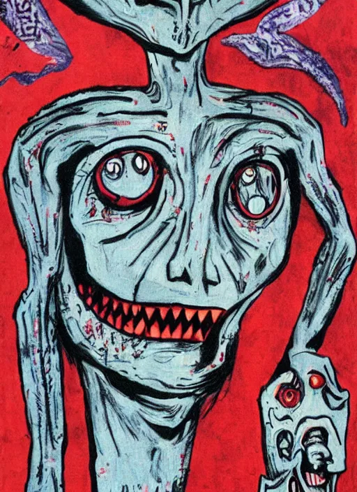 Image similar to a horror mad portrait of extraterrestrial art brut by a psycho man, full color outsider crazy marginal art