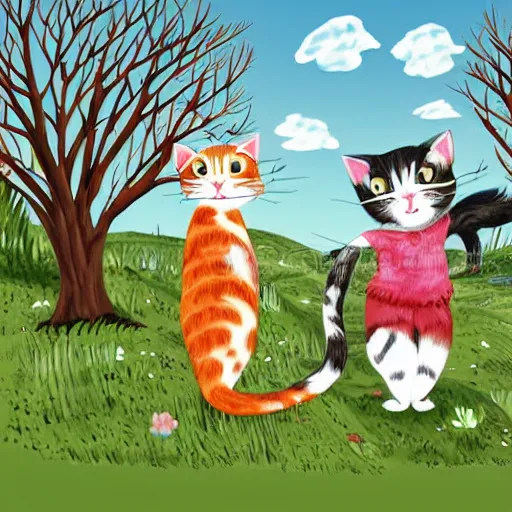 Prompt: two calico cats walking together outside on a beautiful day, cute storybook illustration