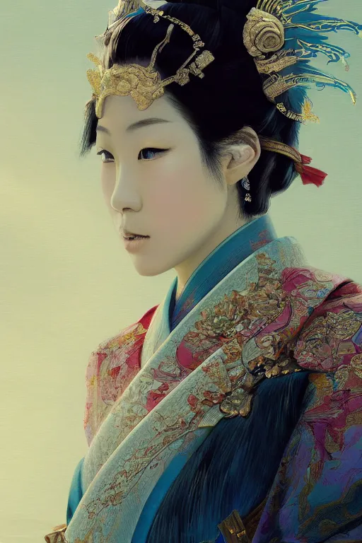 Image similar to Japanese princess, gorgeous, close-up portrait, intricate, elegant, volumetric lighting, scenery, digital painting, highly detailed, artstation, sharp focus, illustration, concept art, ruan jia, steve mccurry