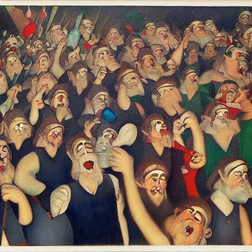 Image similar to dancing dwarves crowd by Boris Grigoriev