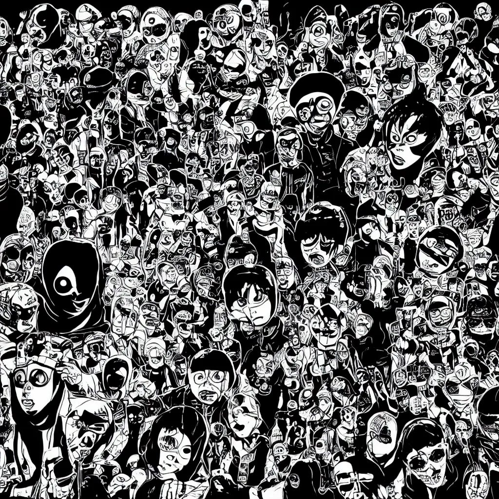 Image similar to faceless human figures, kazuo umezu artwork, jet set radio artwork, stripes, tense, space, skimask, balaclava, ominous, minimal, cybernetic, cowl, dots, stipples, lines, hashing, thumbprint, dark, eerie, circuit board, crosswalks, guts, folds, tearing, painting