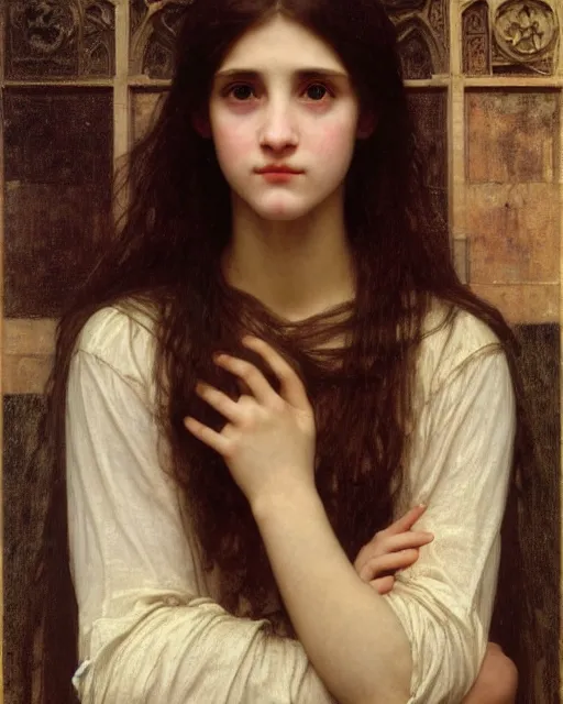 Image similar to a realistic portrait of a teenage girl who looks like Uma Thurmond and Winona Ryder with an anxious expression and slightly open mouth, wearing ragged torn clothing, inside a cathedral lit with god rays, by William-Adolphe Bouguereau, John William Waterhouse, Frederic Leighton, Alphonse Mucha, Edward Burne Jones