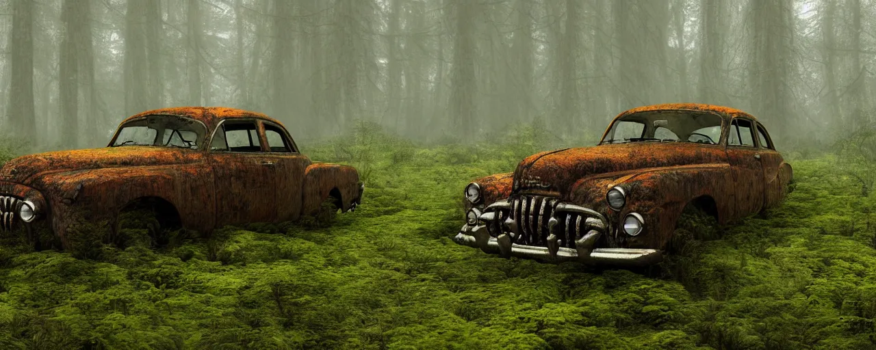 Prompt: Photograph of an abandoned rusty 1950's Buick in a misty forest, overgrown with moss and vegetation, Eldritch Lovecraftian horror lurking in the mist. realistic octane render, 8k, ultra detailed, muted colors