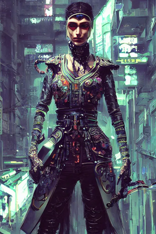 Image similar to a janissary, cyberpunk futuristic neon. fencing, long sword in her hand, decorated with traditional japanese ornaments by ismail inceoglu dragan bibin hans thoma greg rutkowski alexandros pyromallis nekro rene maritte illustrated, perfect face, fine details, realistic shaded, fine - face, pretty face, masterpiece