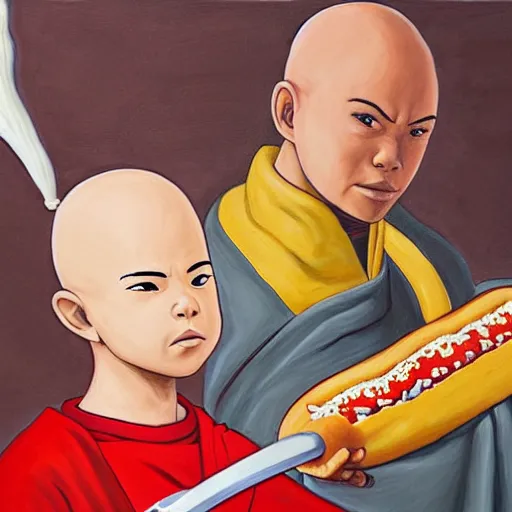 Image similar to a painting portrait of last airbender in an arsenal jersey eating a hot dog,