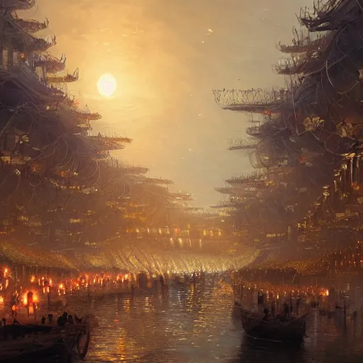 Image similar to concept art, river lanterns on the eve of ullambana festival, by james gurney, greg rutkowski, john howe, artstation