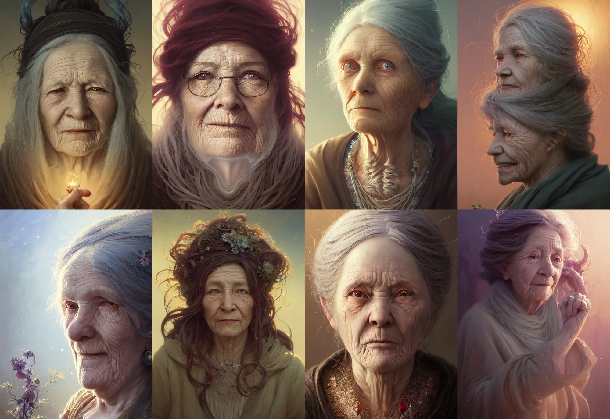 Image similar to highly detailed portrait of an old woman with long hairs, stephen bliss, unreal engine, fantasy art by greg rutkowski, loish, rhads, ferdinand knab, makoto shinkai and lois van baarle, ilya kuvshinov, rossdraws, tom bagshaw, alphonse mucha, global illumination, radiant light, detailed and intricate environment