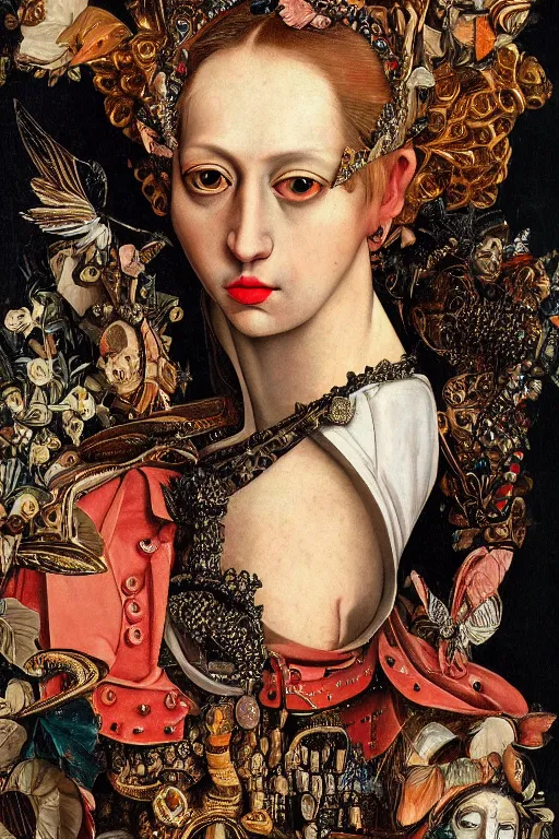Image similar to Detailed maximalist portrait with large lips and with large eyes. HD mixed media, 3D collage, highly detailed and intricate illustration in the style of Caravaggio, dark art, baroque