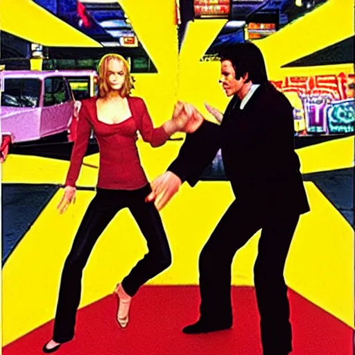 Image similar to uma thurman and john travolta in dance dance revolution, pulp fiction edition, playstation 2 video game