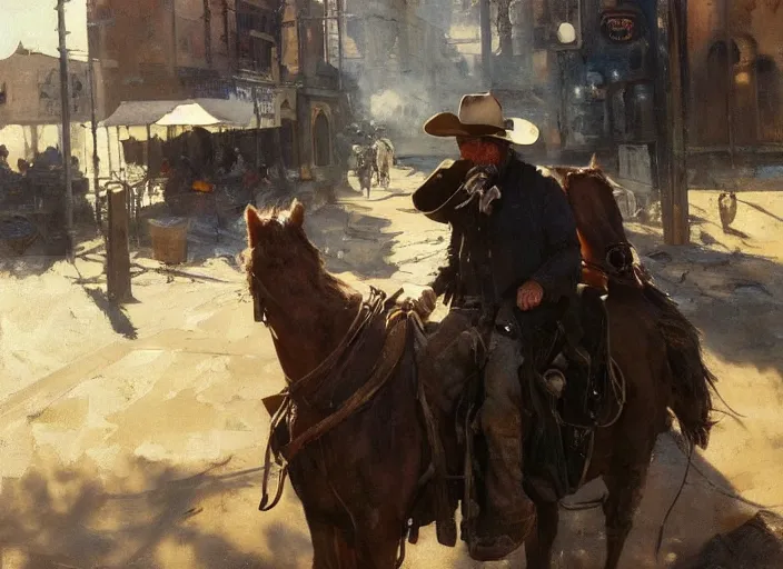 Image similar to oil painting of old rugged cowboy in wild west street setting, art by anders zorn, wonderful masterpiece by greg rutkowski, beautiful cinematic light, american romanticism by greg manchess, reflections in copper, sunlight, dust and steam