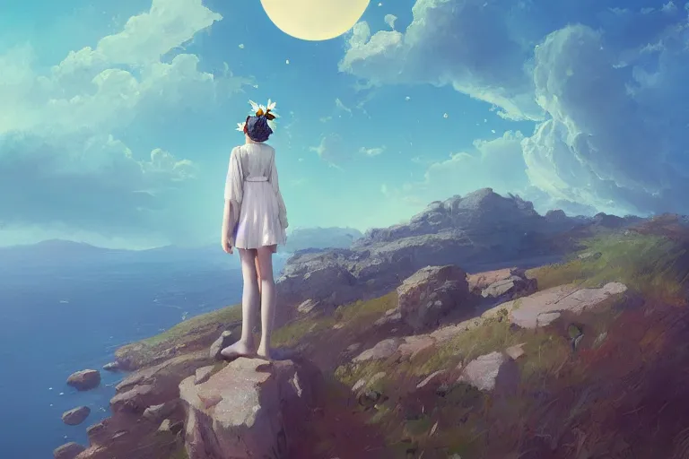 Image similar to giant white daisy flower on head, girl standing on cliff, surreal photography, solar eclipse, milky way, dramatic light, impressionist painting, clouds, digital painting, artstation, james gilleard, liam wong, jeremy mann, simon stalenhag