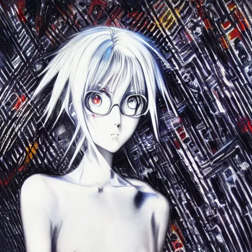 Prompt: Yoshitaka Amano style portrait of an anime girl with white hair and black eyes wearing suit with patterns, abstract black and white background, film grain effect, highly detailed, oil painting