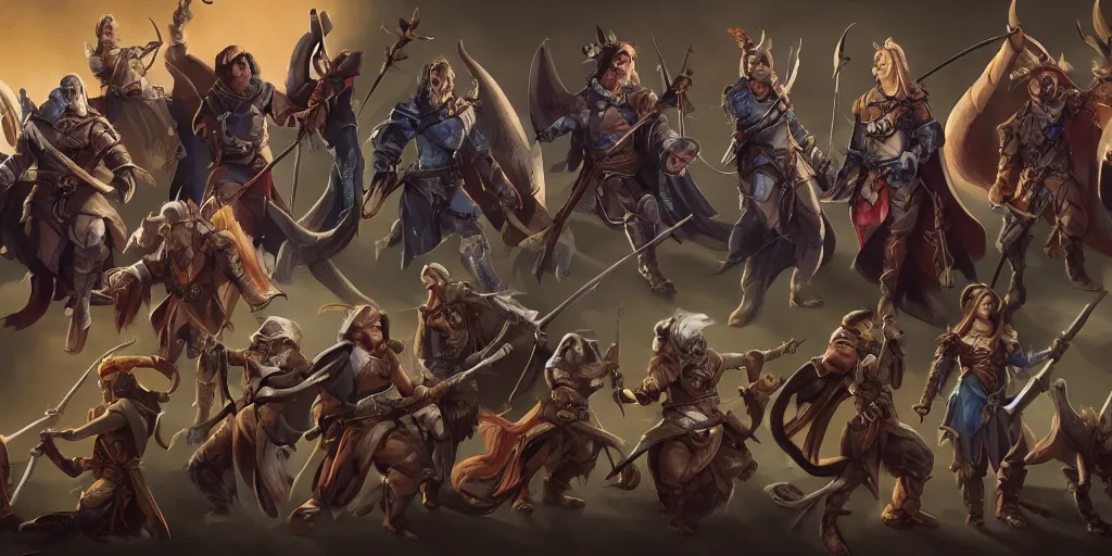 Prompt: a group of heroic fantasy characters, DND party, diverse, rogues and clerics, digital art, full color, artstation