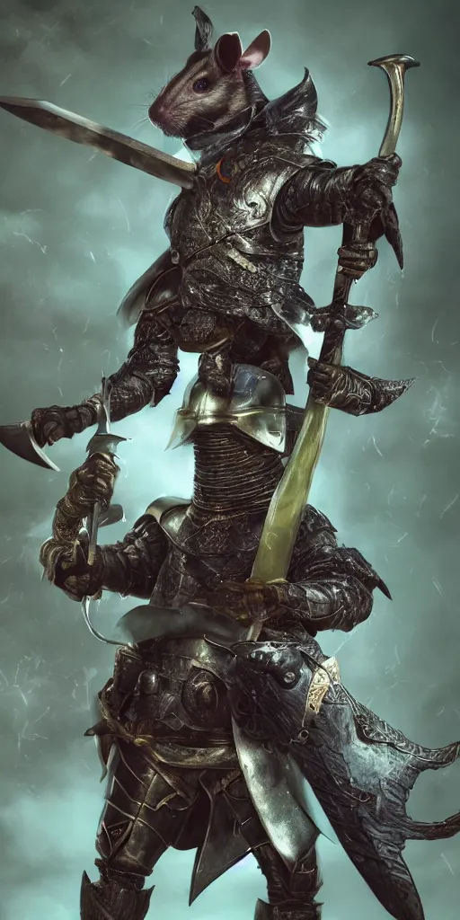 Image similar to full body portrait of half rat knight holding a great sword made of fire, anthropomorphic, prompt:hyper realistic, high detail, photo realistic, cinematic lighting, rendering by octane, spot lighting, in a open field, high quality, coherent. green hue armor