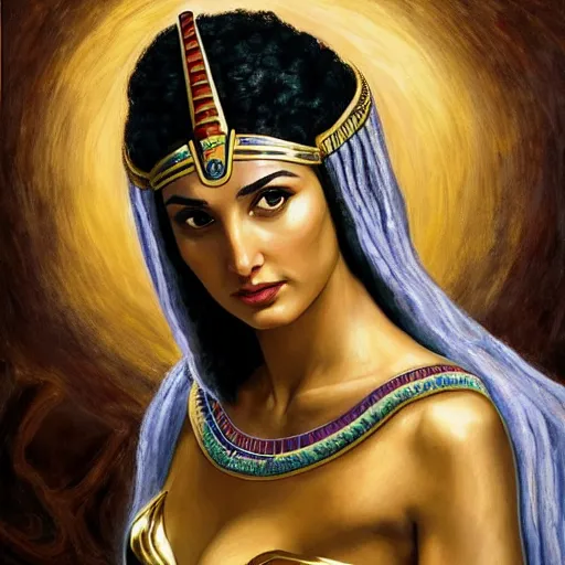 Image similar to Full body oil painting of the beautiful goddess Gal Gadot as Cleopatra, she is wearing egyptian clothes and a surreal ornate, her hair is natural disheveled, she is approaching heaven over the clouds, Anubis is behind her, naturalism, dramatic lighting, high-detailed oil painting by Ilya Repin, Michelangelo da Caravaggio, William Blake, Alex Grey and Beksinski, trending on Artsation, hystorical painting, naturalism, masterpiece, 4k, 8k,