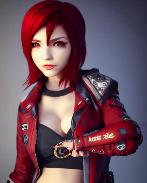 Image similar to a girl with short red hair, cool, vi from arcane, league of legends, fighter, cool red jacket, tattoo, beautiful, 3 d, potrait, art staion, studio light, closeup shot, octane render, wlop