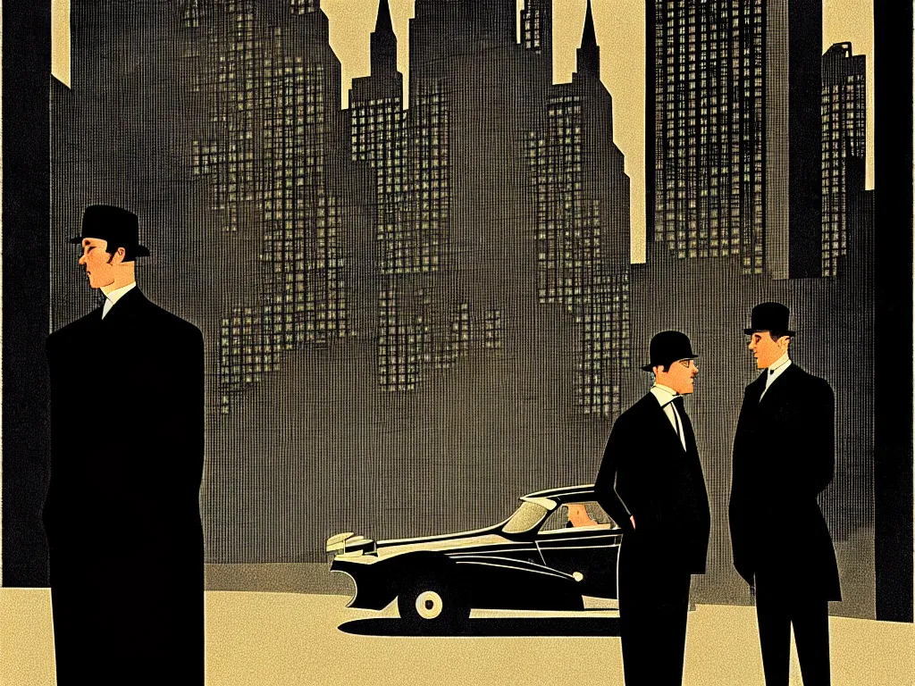 Prompt: two suspicious men in a parked a car in front of a very tall building, desert street, late at night, dimly lit, gangster, film noir, upscale 1920, relaxed poose, art deco, artwork by coles phillips, post processing, intricate, grim yet sparkling atmosphere, beautifully detailed render, post-processing, extremely hyperdetailed, 8k octane beautifully detailed render, intricate, epic composition,cinematic lighting, art nouveau