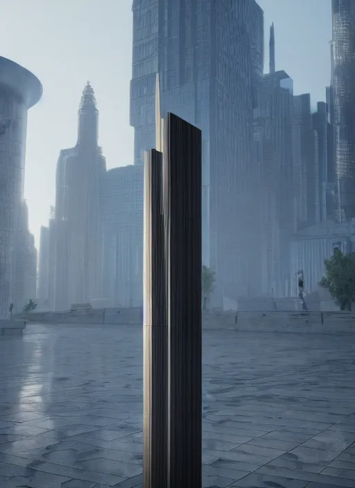 Image similar to highly detailed architecture render of a futuristic metallic stele standing in city, archdaily, made in unreal engine 4