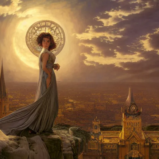 Image similar to a very detailed Magic portrait painting of someone with an oversized foot where their head should be, a very detailed fantasy city background, a very detailed dramatic sky, light particles, environment drawn by Donato Giancola and Tom Bagshaw, Edmund Leighton, character design by Alphonse Mucha, 4k, volumetric lighting, komorebi, award winning, octane render, hyperrealistic