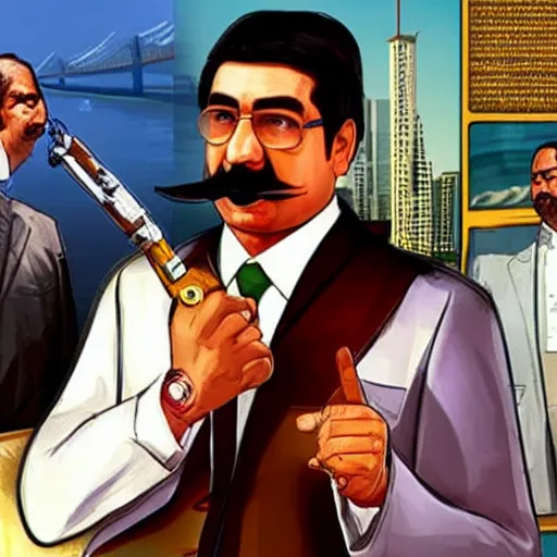 Prompt: Sheikh Mujib smoking a joint in the style of GTA V cover