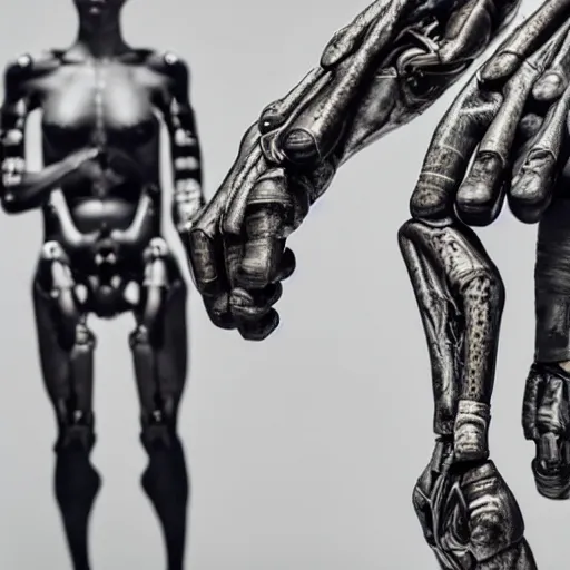 Prompt: futuristic cyborg holding hands with homo habilis, hd photograph, photo in a studio room