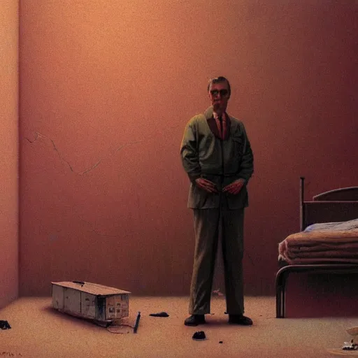 Image similar to depressed fbi agent in a run down motel room, beksinski, wayne barlowe, very coherent symmetrical artwork, cinematic, hyper realism, high detail, octane render, 8 k