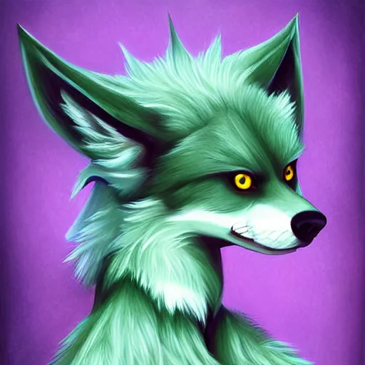 Image similar to Beautiful digital painting, oil painting, anthro anthropomorphic pastel-green androgynous wolf, Punk outfit. lake