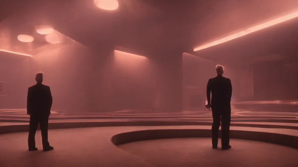 Prompt: movie scene of a man standing in front of a multiverse machine, movie still, cinematic composition, cinematic light, pastel color scheme, by David Lynch