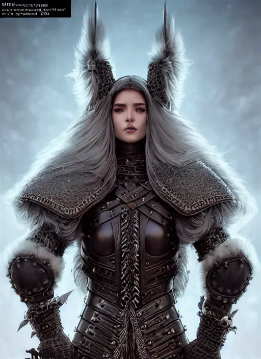 Image similar to fur leather armor!!! long wild white hair!! covered chest!!! fantasy, d & d, intricate ornate details, symmetry, concept art, sharp focus, illustration, art by artgerm! greg rutkowski magali villeneuve wlop! ilya kuvshinov!!, octane render, unreal engine 5, highly rendered!!